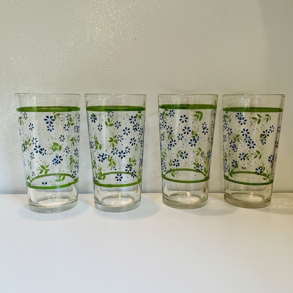 4 Vtg Libbey Country Garden Blue Daisy 11oz Tumblers Glasses Mid Century